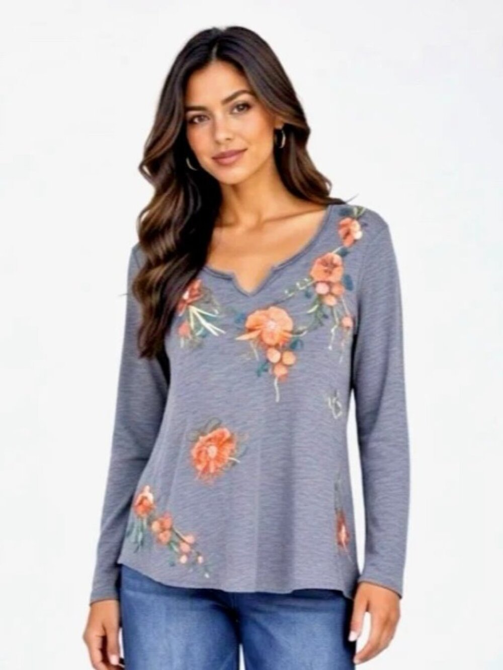 NWT Caite Kyla Seo Mollie Top Gunmetal Blue Floral Embroidered S Small